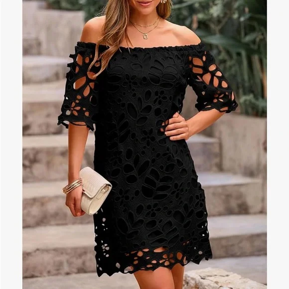 Elegant Black Off-Shoulder floral lace Dress - Picture 1 of 6
